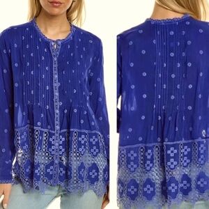 Johnny Was Baez Phaedra Blouse In Blue Button Front Knit Lace Loose Fit SZ L